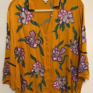 Anthropologie Floral Embroidered Button Down Shirt - Mustard